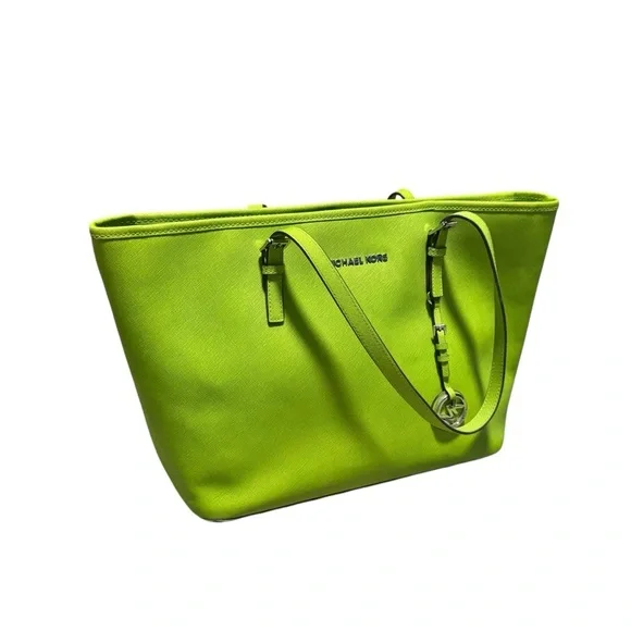Michael Kors Saffiano Leather Jet Set Tote Lime Green Shoulder Bag - Picture 3 of 10